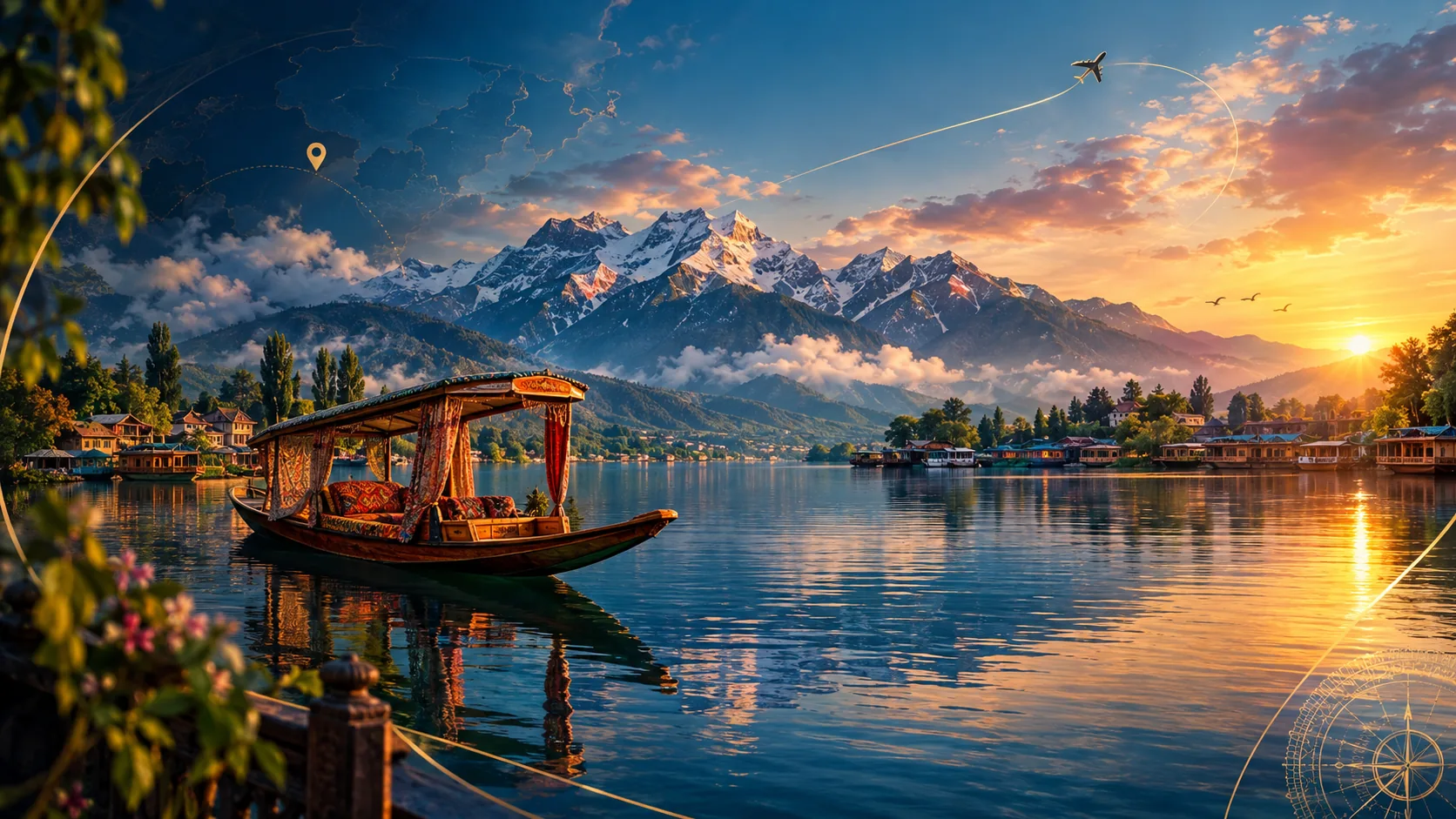 A decorated shikara boat on a calm mountain lake at sunset, with snow peaks and an aeroplane in the sky